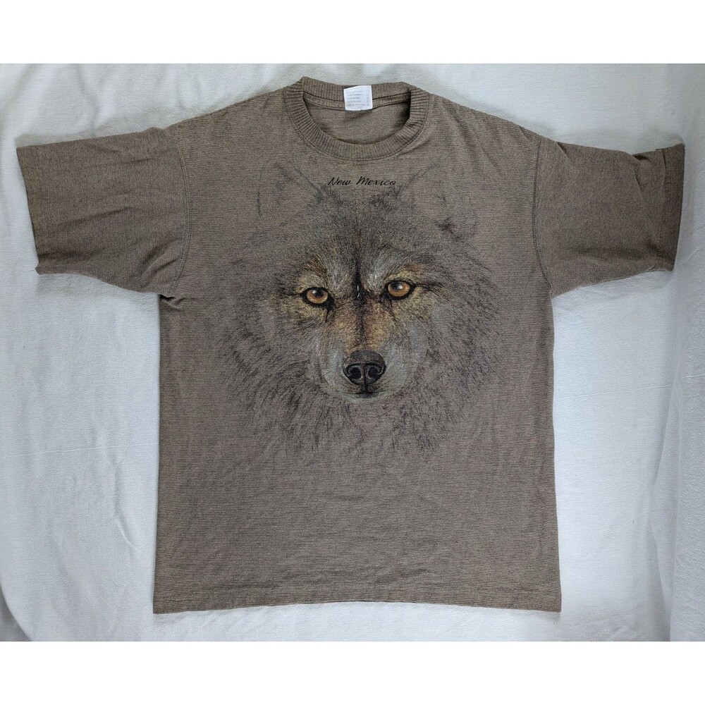 Vintage 90s Animal Print Wolf Nature T-Shirt XL Brown, Textured Knit, USA